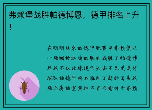 弗赖堡战胜帕德博恩，德甲排名上升！